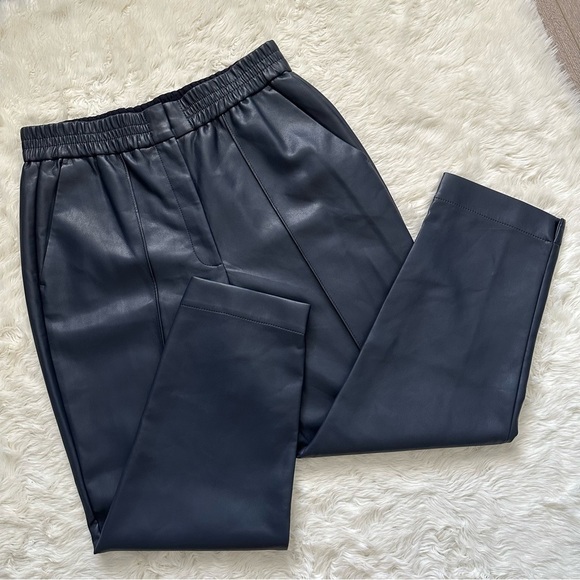 Rebecca Taylor Pants Vegan Leather Track Pant Crop Dark Navy Blue 14 NWT New - Picture 2 of 13